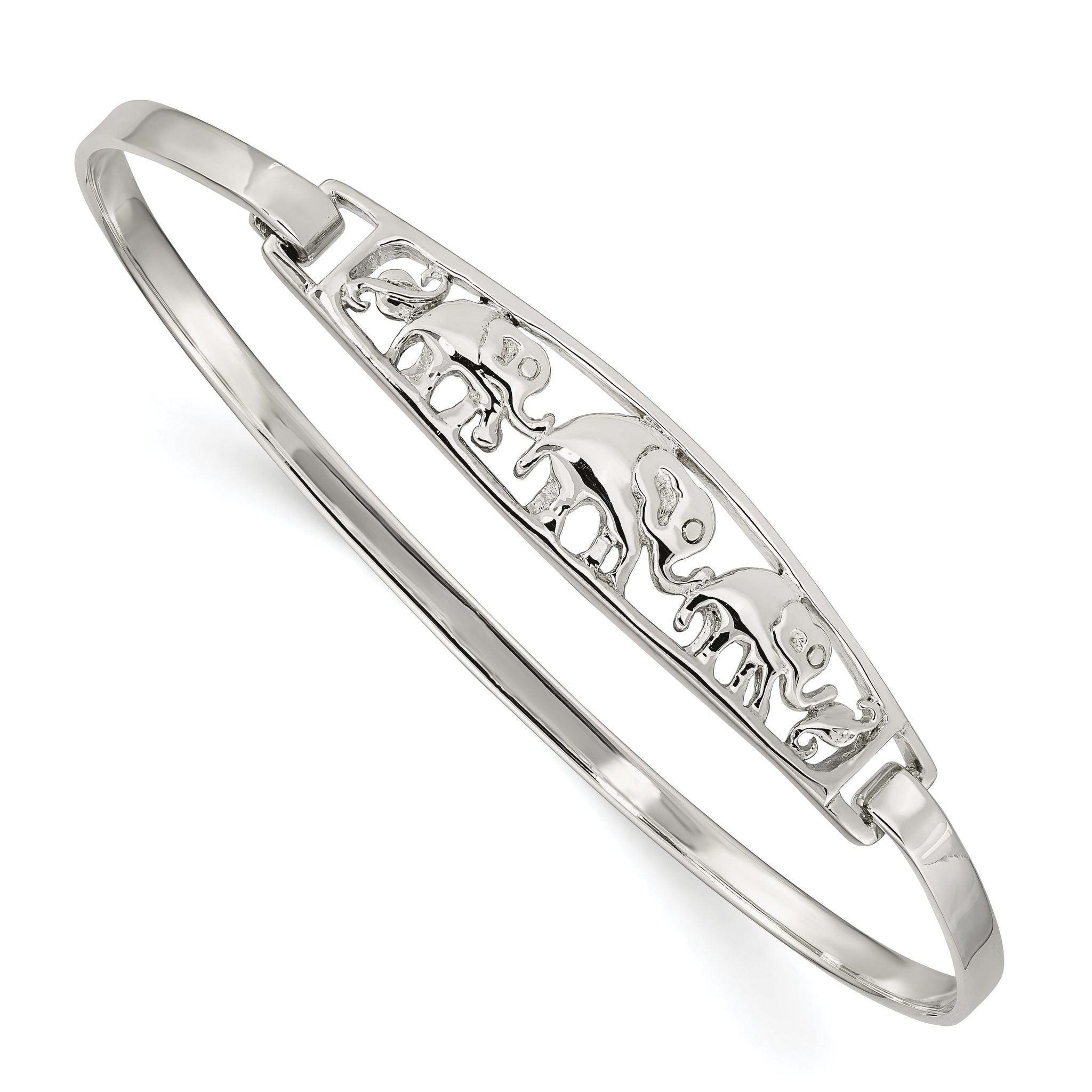 Sterling Silver 925 Elephant Bangle with Hinged Hook Clasp