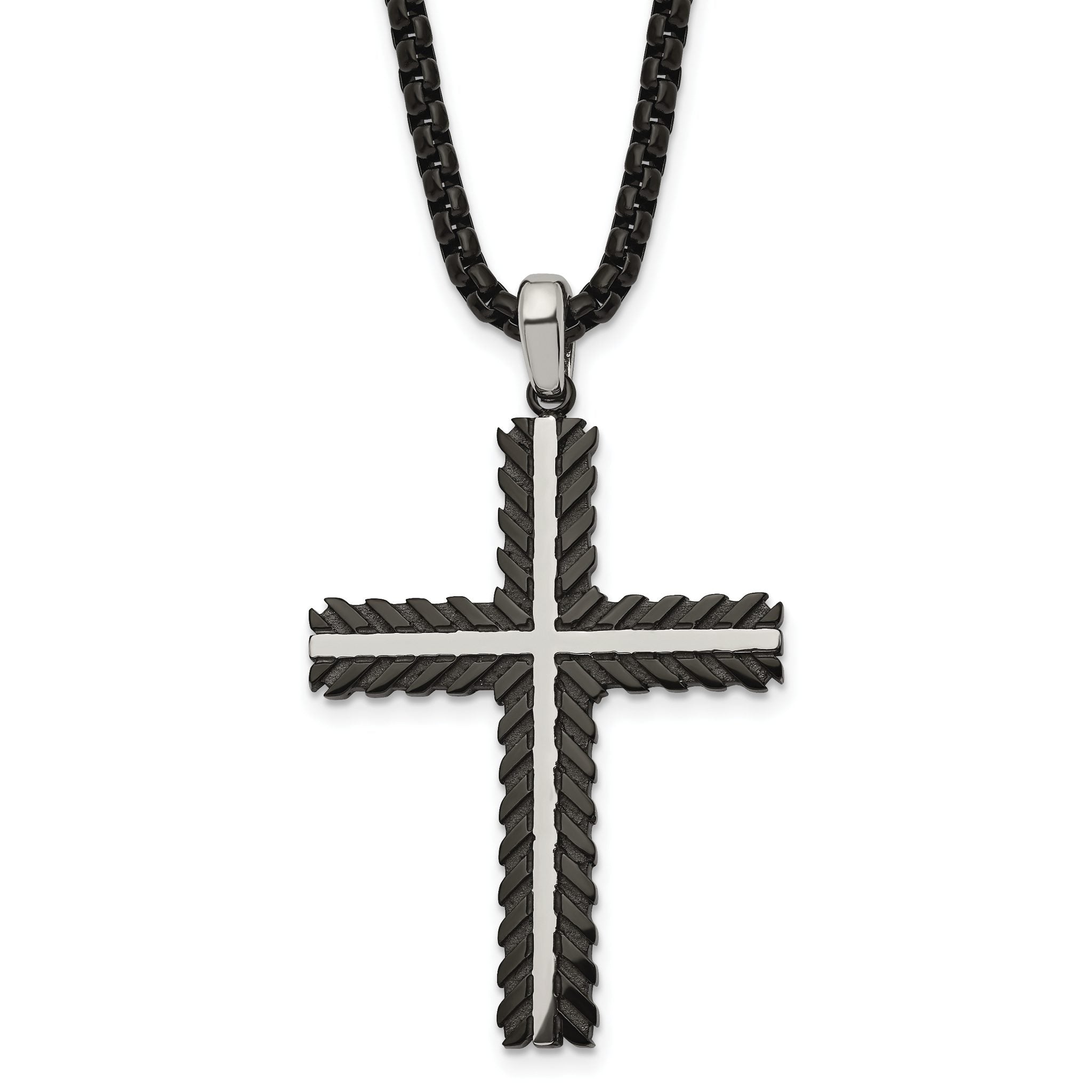 Chisel Stainless Steel Brushed and Polished Black IP-plated Cross Pendant on a 24 inch Box Chain Necklace Main image