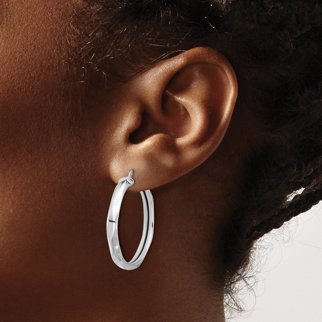 14K White Gold Polished Round Hoop Earrings