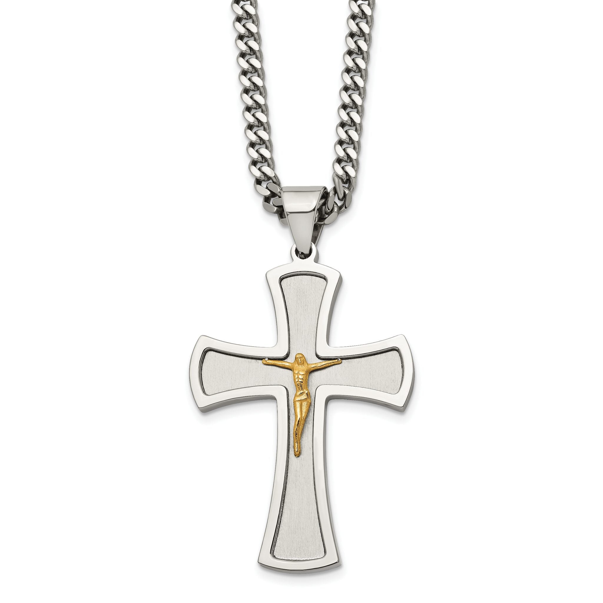 Chisel Stainless Steel Brushed and Polished Yellow IP-plated Crucifix Pendant on a 24 inch Curb Chain Necklace Main image