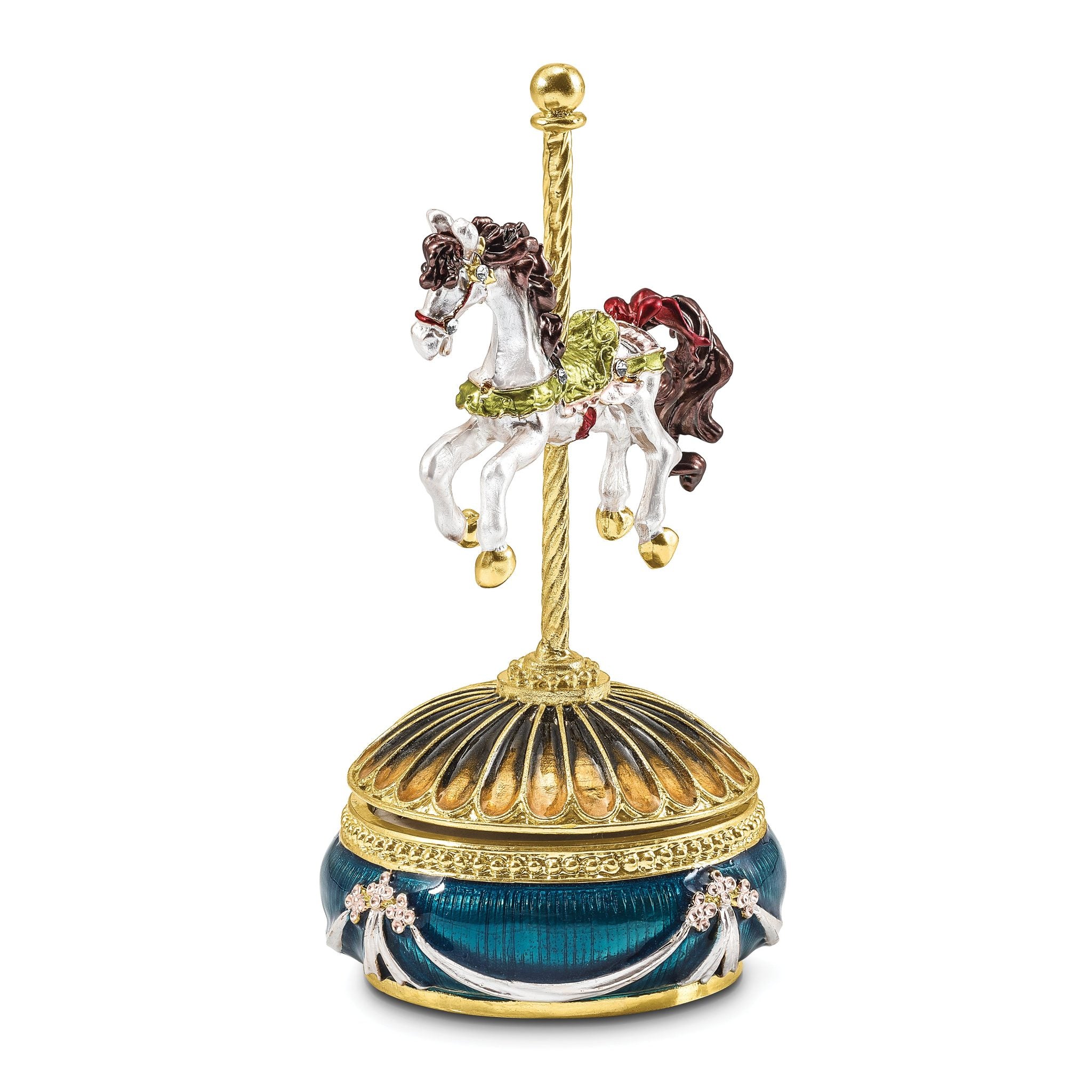 Luxury Giftware by Jere Pewter Bejeweled Crystals Gold-tone Enameled PAL (Plays It's a Small World) Carousel Horse Musical Figurine with Matching 18 Inch Necklace Main image