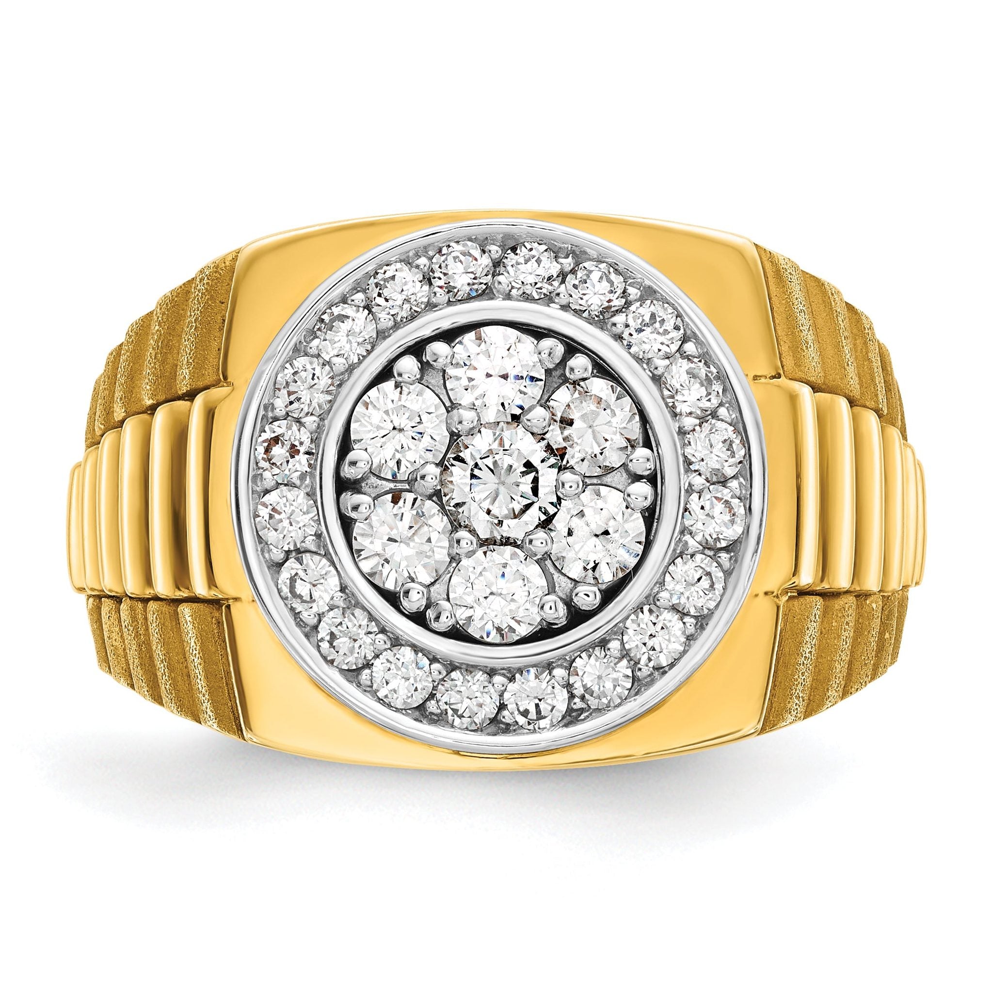 14k Two-tone Mens Polished Satin and Textured 1 Carat AA Diamond Cluster Halo Ring