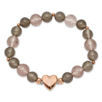 Stainless Steel Polished Rose IP-plated Heart 10mm Grey Agate and Strawberry Quartz Beaded Stretch Bracelet for Women