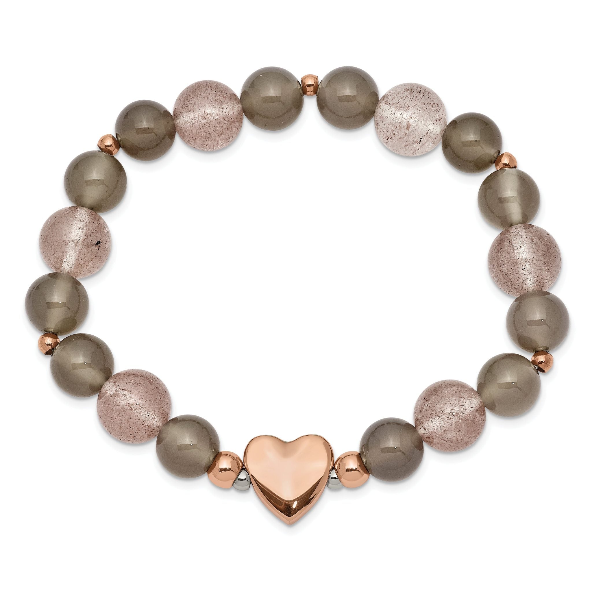 Stainless Steel Polished Rose IP-plated Heart 10mm Grey Agate and Strawberry Quartz Beaded Stretch Bracelet for Women
