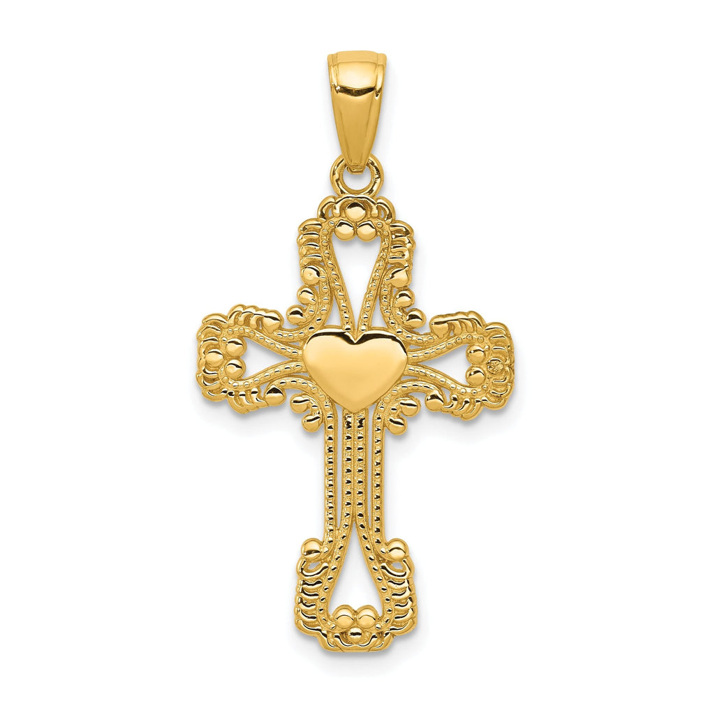 14K Gold Beaded Cross with Heart Pendant  Polished, Solid, Elegant Design