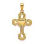 14K Gold Beaded Cross with Heart Pendant  Polished, Solid, Elegant Design