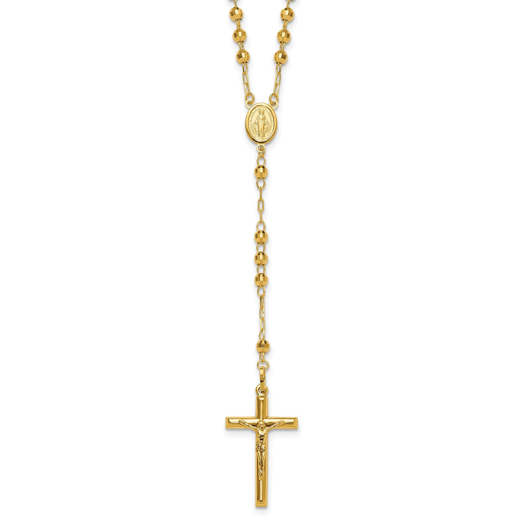 14K Gold Unisex Diamond-Cut Beaded Rosary Necklace 24-Inch
