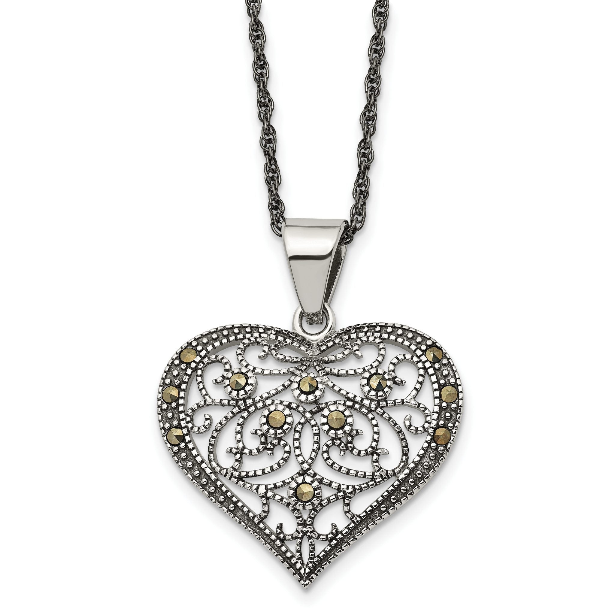 Chisel Stainless Steel Antiqued and Polished with Marcasite Heart Pendant on a 20 inch Singapore Chain Necklace Main image