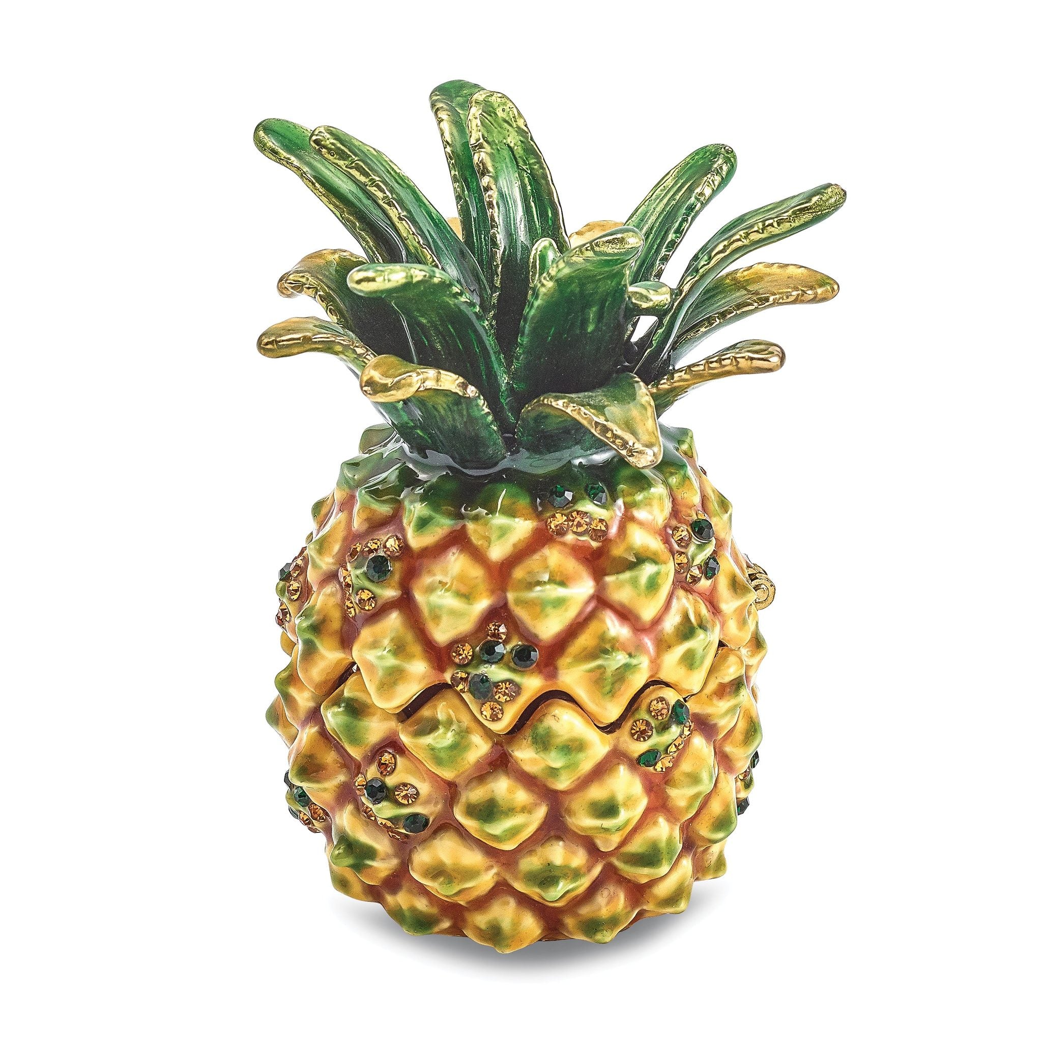 Luxury Giftware by Jere Pewter Bejeweled Crystals Gold-tone Enameled GOOD VIBES Golden Pineapple Trinket Box with Matching 18 Inch Necklace Main image