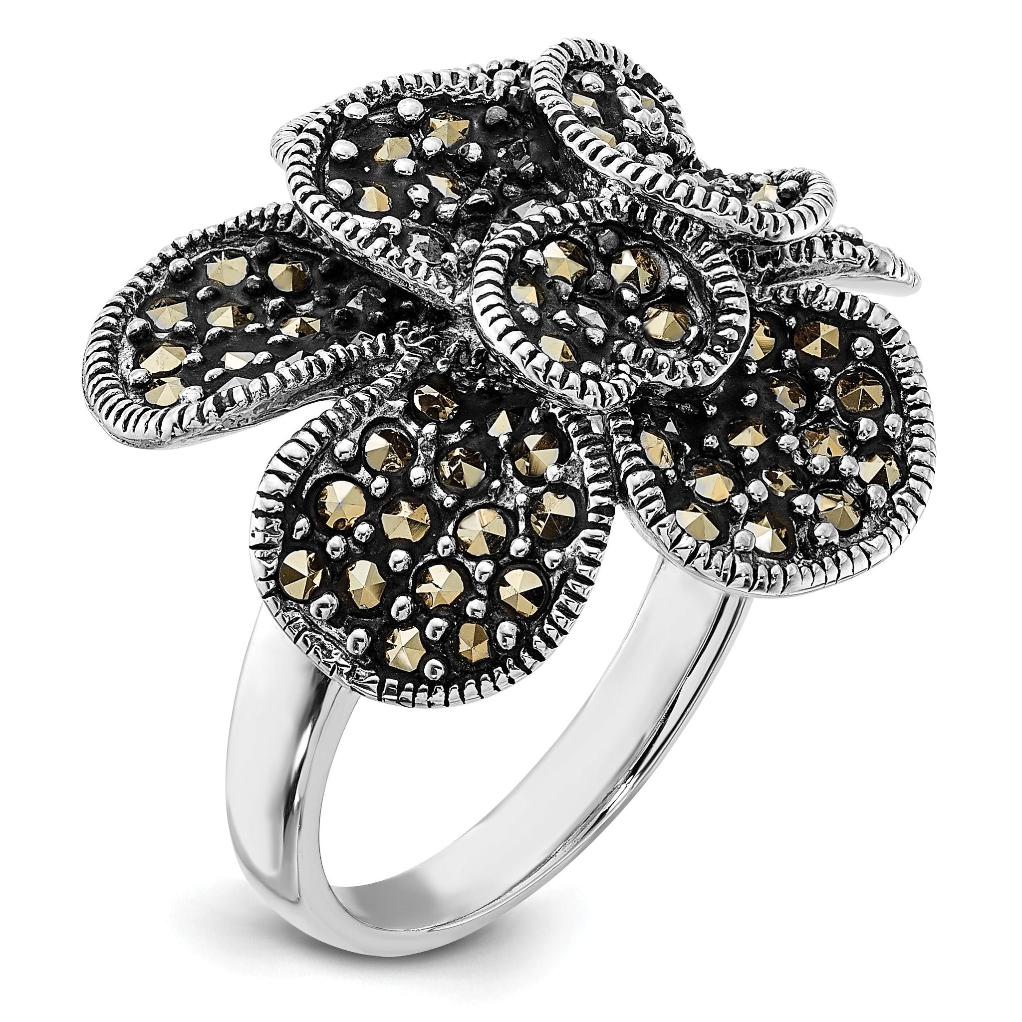 Sterling Silver Polished & Antiqued Marcasite Flower Ring Main image