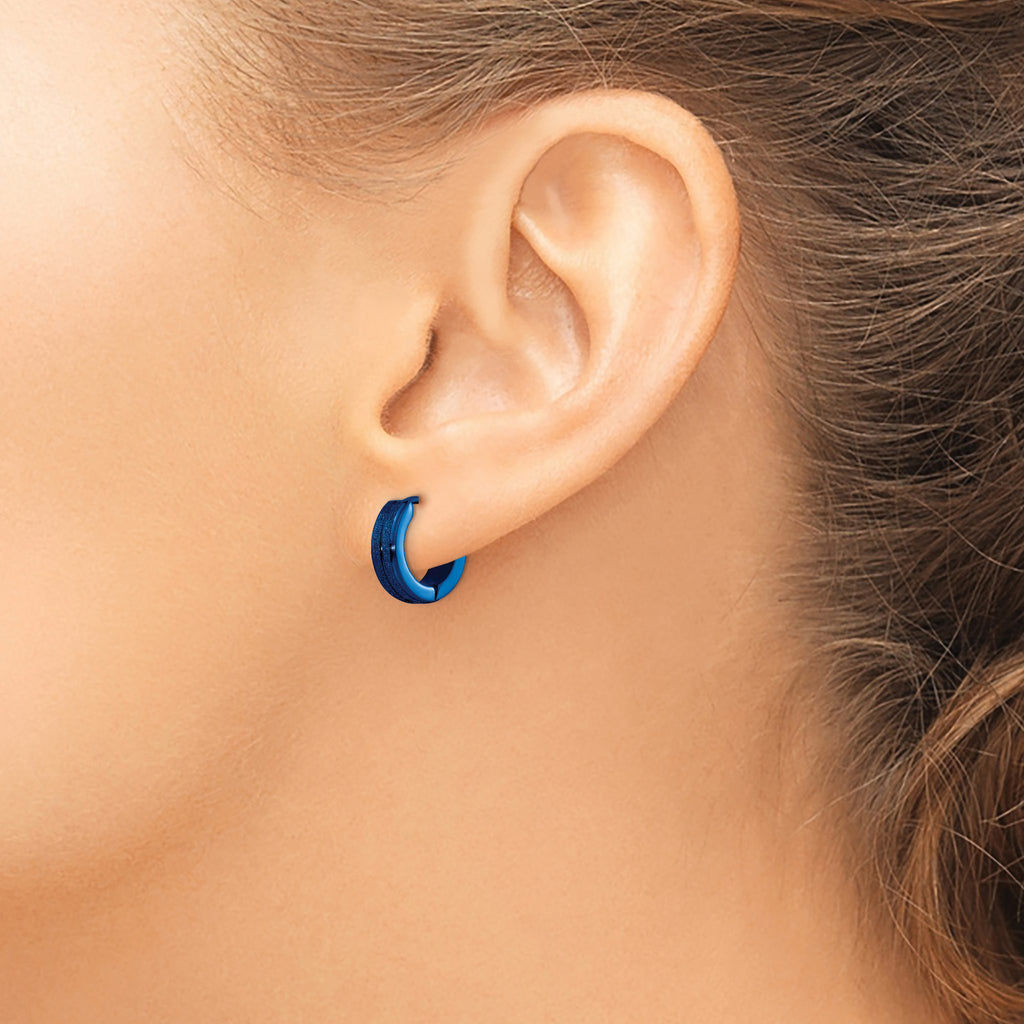 Stainless Steel Blue Polished & Laser Design Hinged Huggie Hoop Earrings