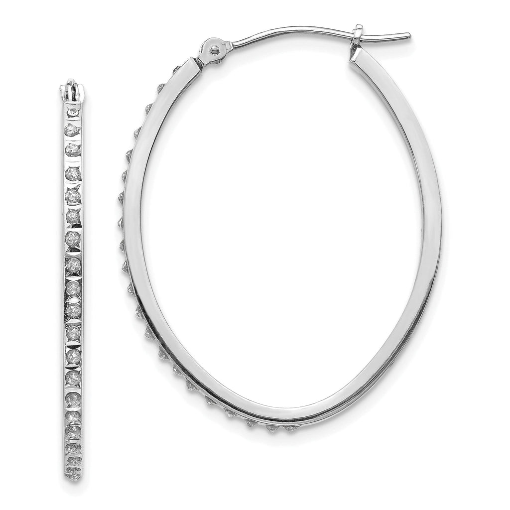 14K White Gold Diamond Oval Hoop Earrings with Polished Rhodium Finish