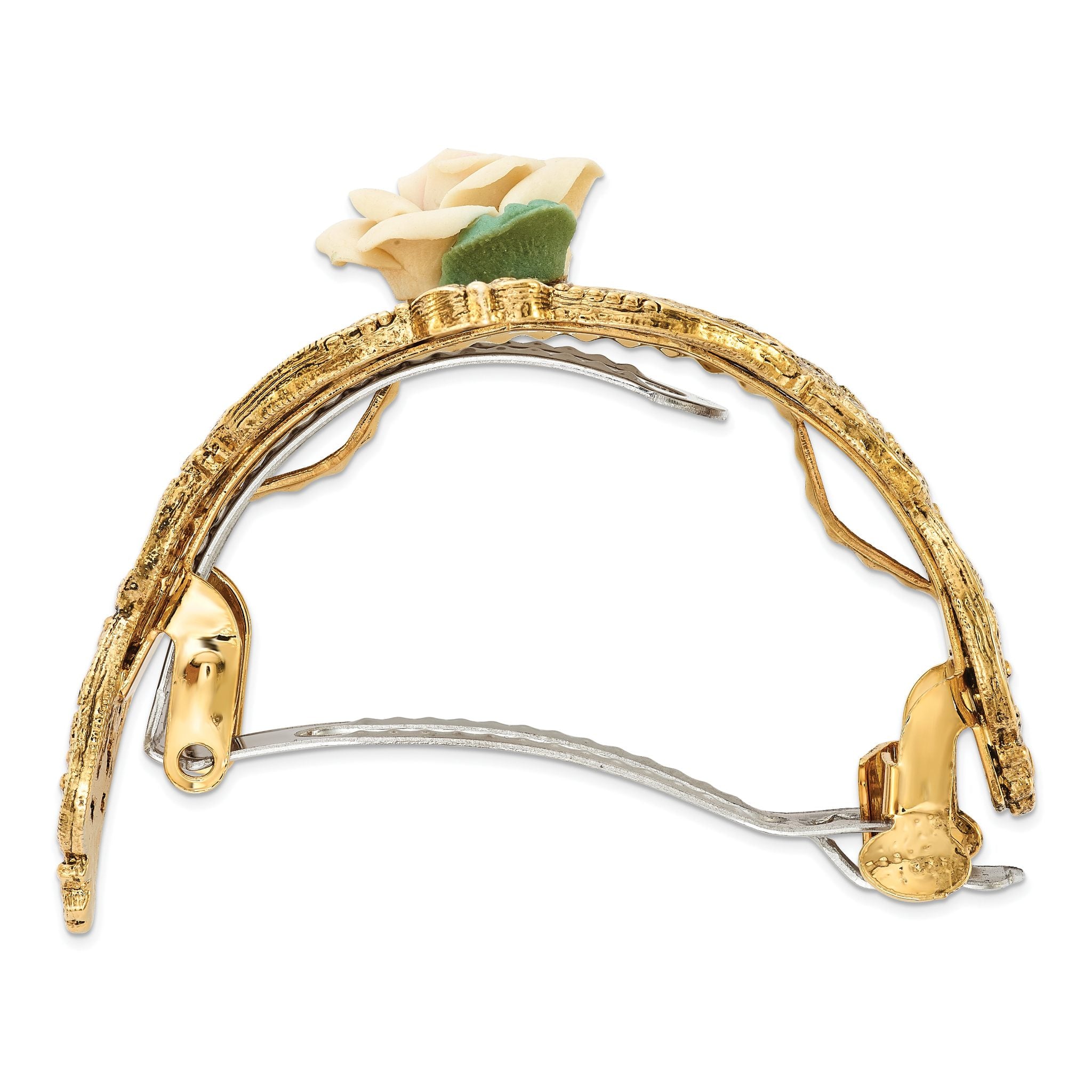 1928 Jewelry Gold-tone Filigree Ornate Porcelain Rose Ponytail Holder Secondary image
