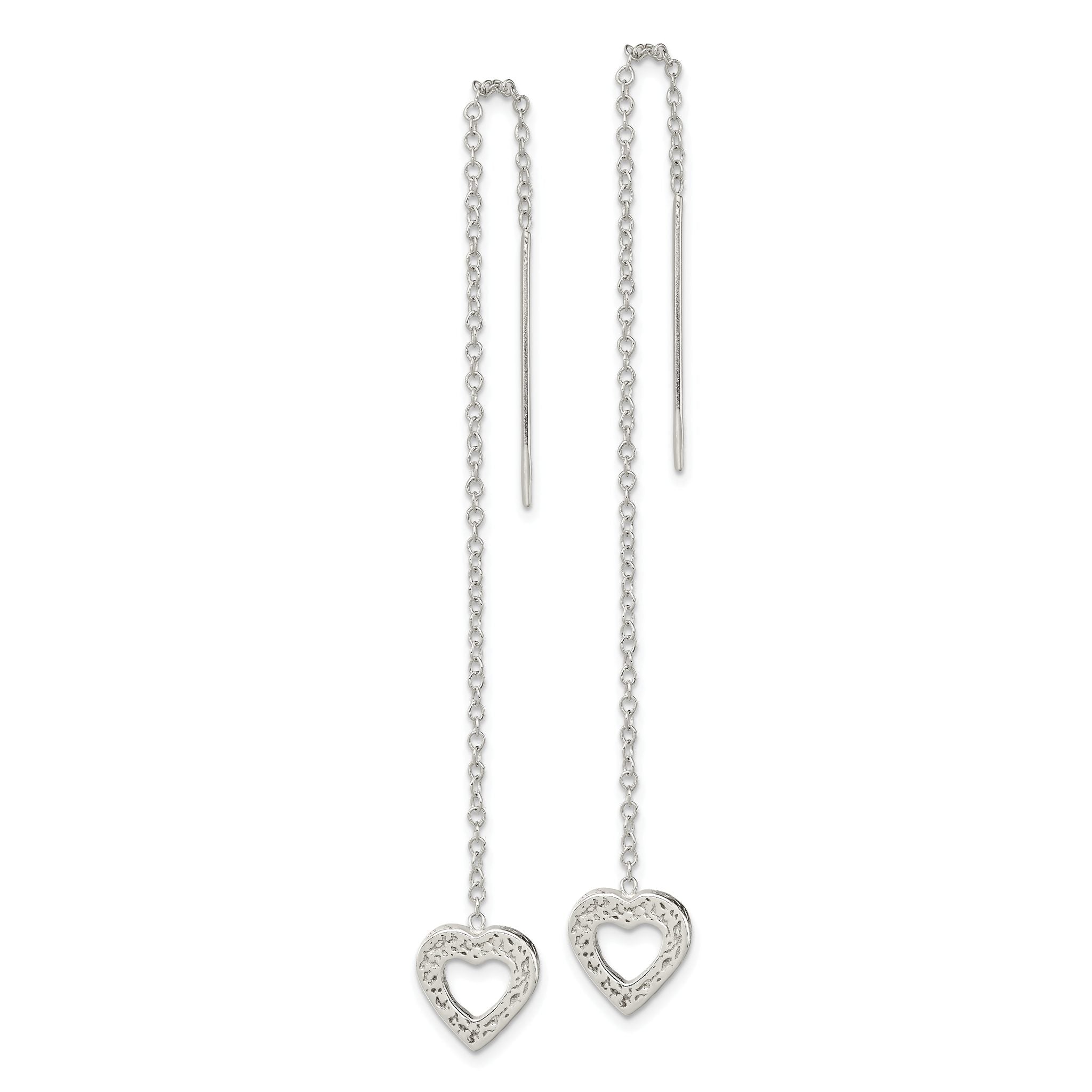 Sterling Silver Polished & Hammered Heart Threader Earrings Secondary image