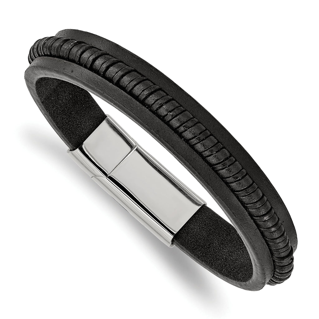 Stainless Steel Polished Black Leather Bracelet for Men