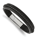 Stainless Steel Polished Black Leather Bracelet for Men