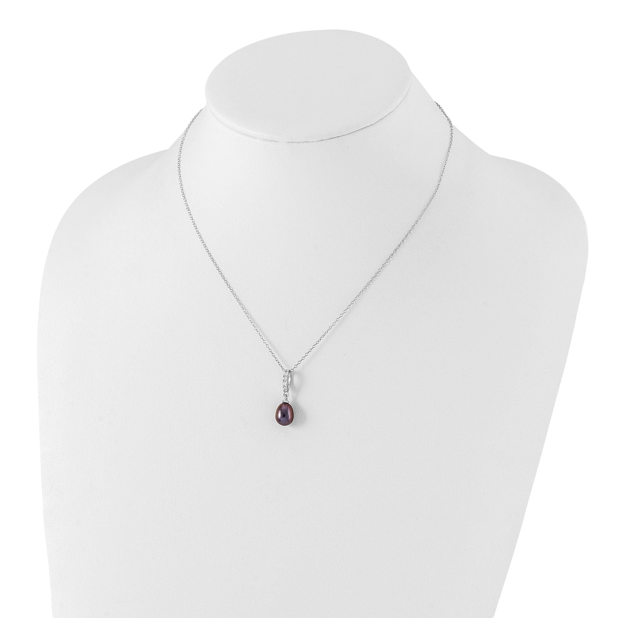 Sterling Silver Rhod-plat 8-9mm Black FWC Pearl CZ Necklace