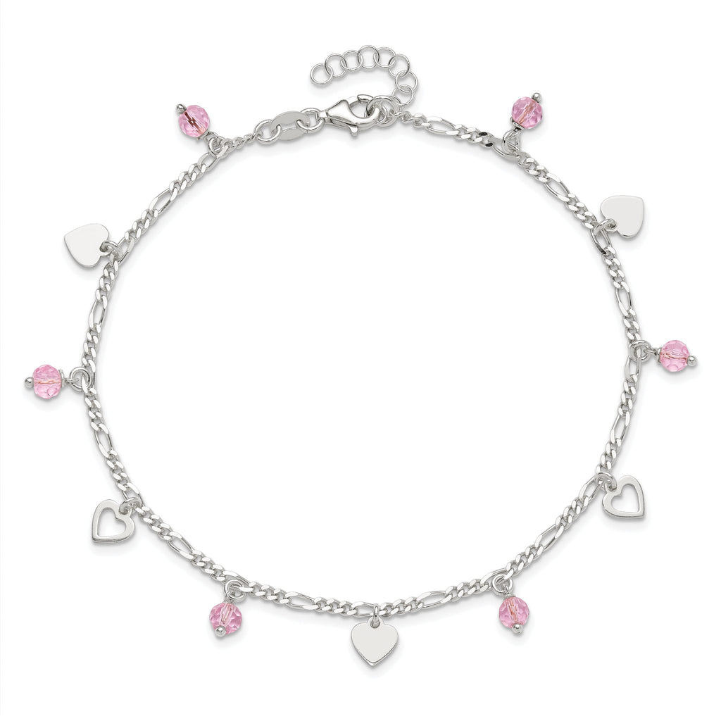 Sterling Silver Pink Glass Beads and Hearts 9 inch Plus 1 inch Extender - Total 10 inch Anklet