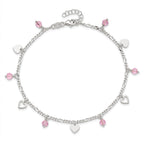 Sterling Silver Pink Glass Beads and Hearts 9 inch Plus 1 inch Extender - Total 10 inch Anklet