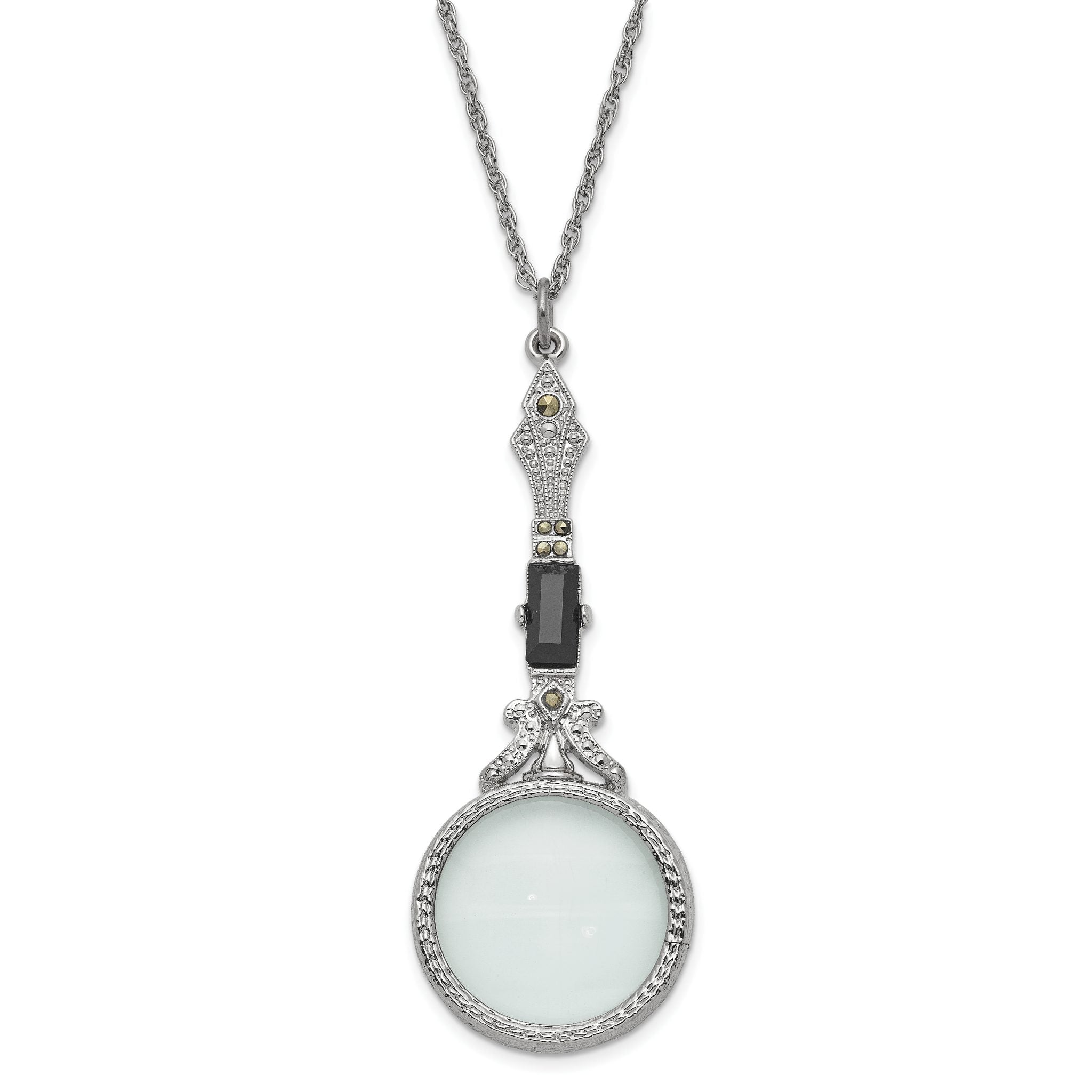1928 Jewelry Silver-tone Black Glass Stone and Marcasite Vintage Handle 4-5X Magnifying Glass 28 inch Necklace