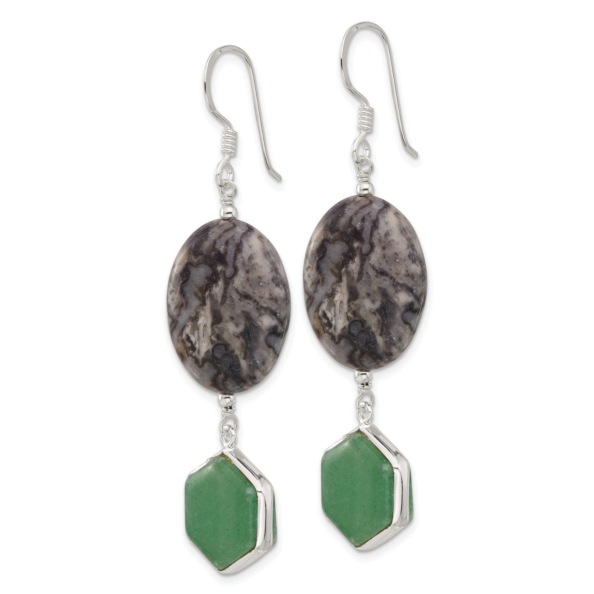Sterling Silver Hexagon Aventurine & Oval Leopard Jasper Dangle Earrings Secondary image
