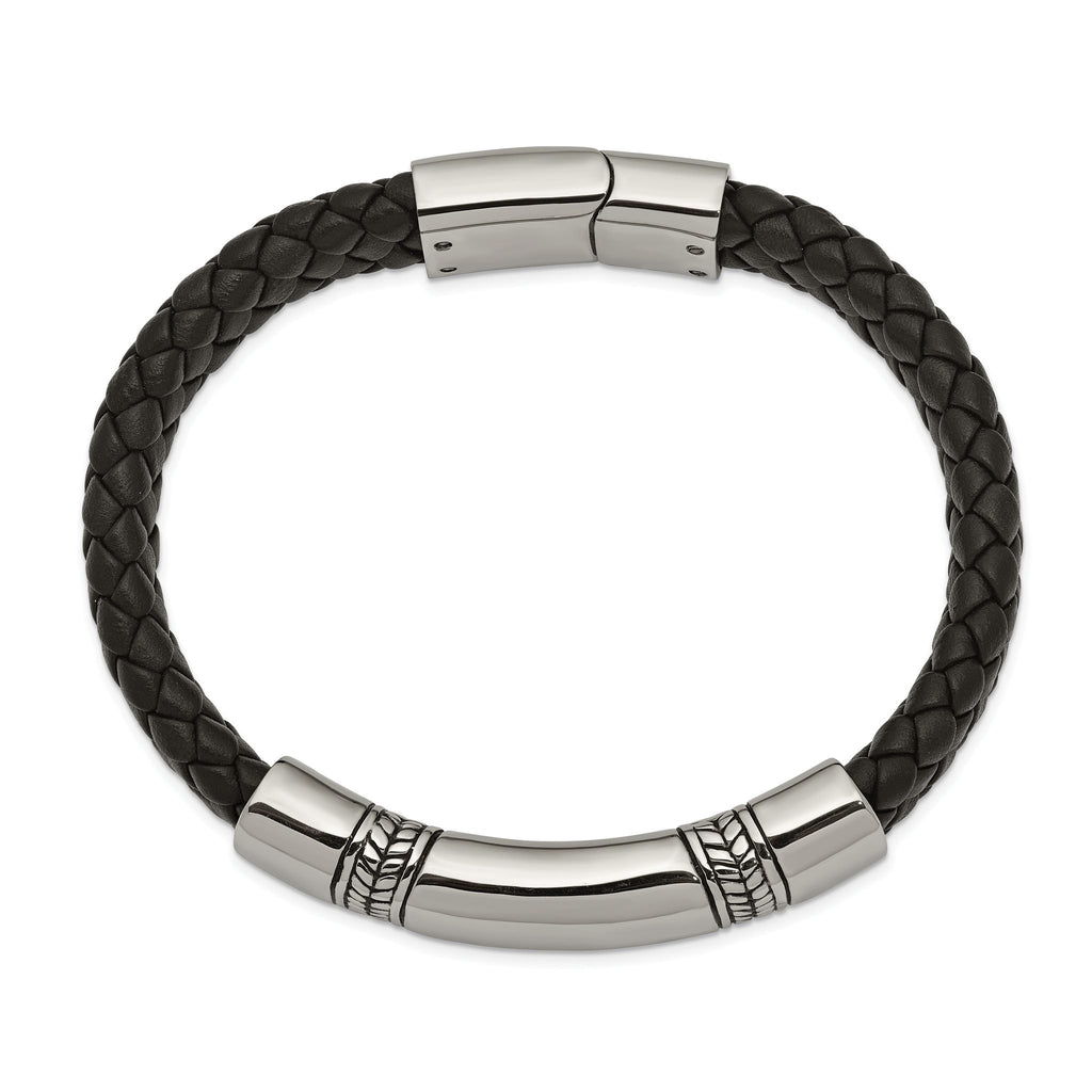 Stainless Steel Antiqued and Polished Braided Black Leather ID Bracelet for Men