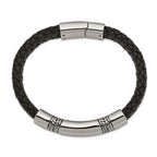 Stainless Steel Antiqued and Polished Braided Black Leather ID Bracelet for Men