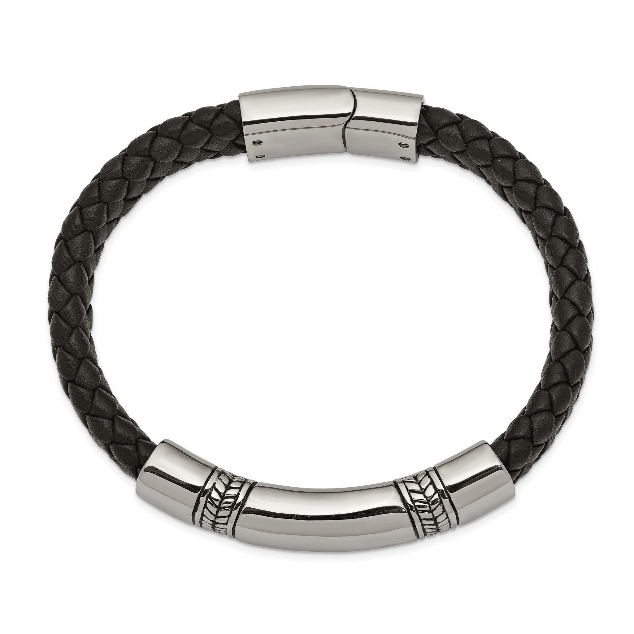 Stainless Steel Antiqued and Polished Braided Black Leather ID Bracelet for Men