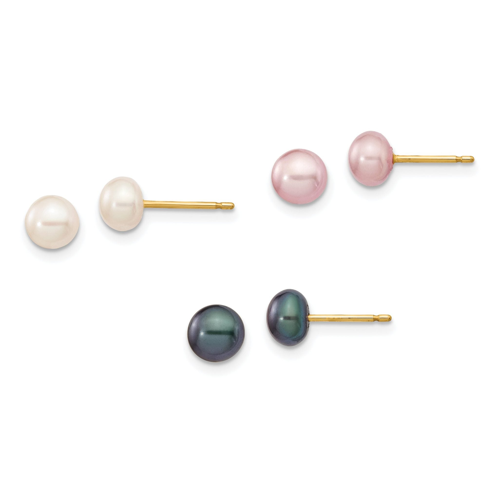 14K 5-6mm Button Freshwater Cultured Pearl Boxed 3 pair Post Earrings Set Main image