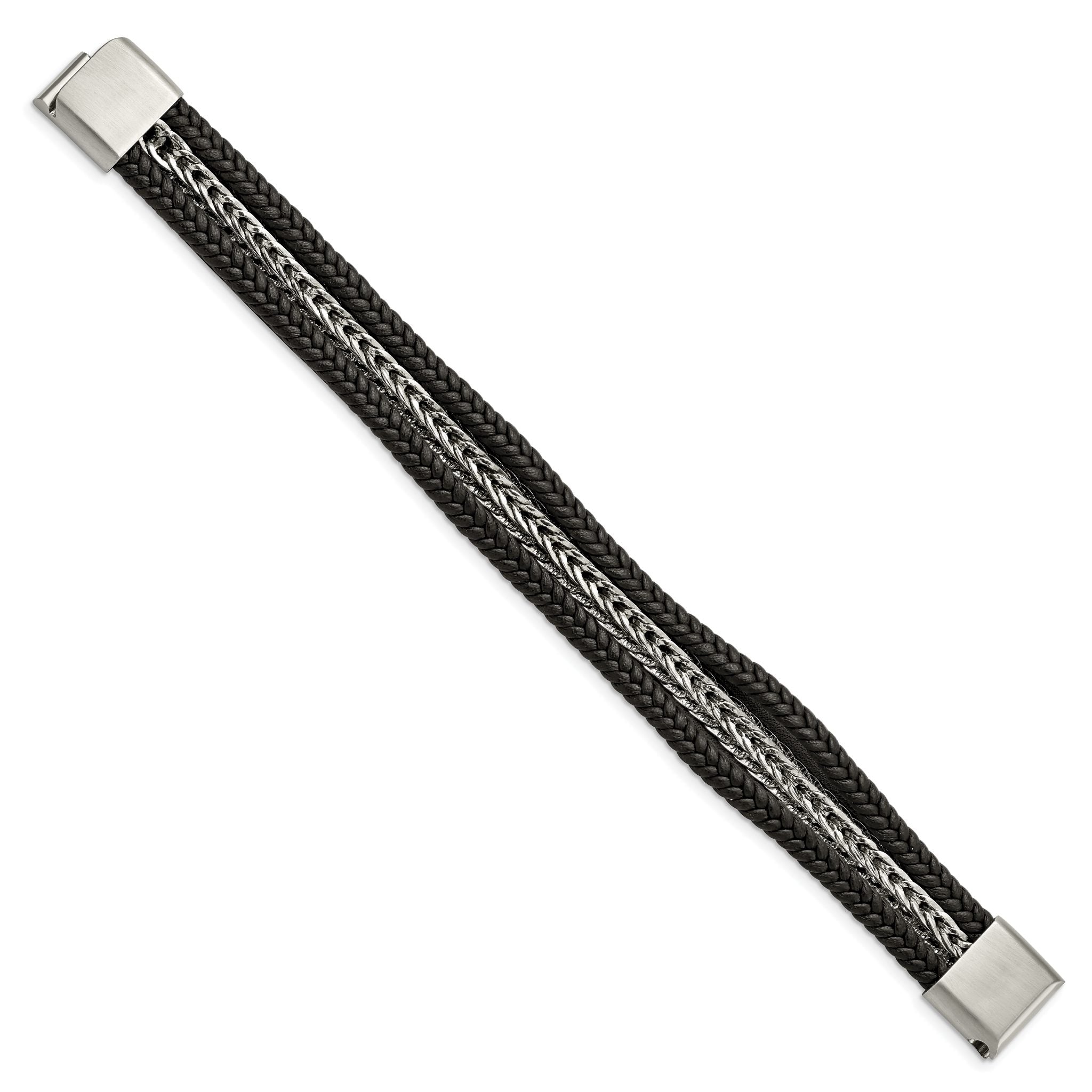 Stainless Steel Polished Multi Strand Black Leather Bracelet for Men