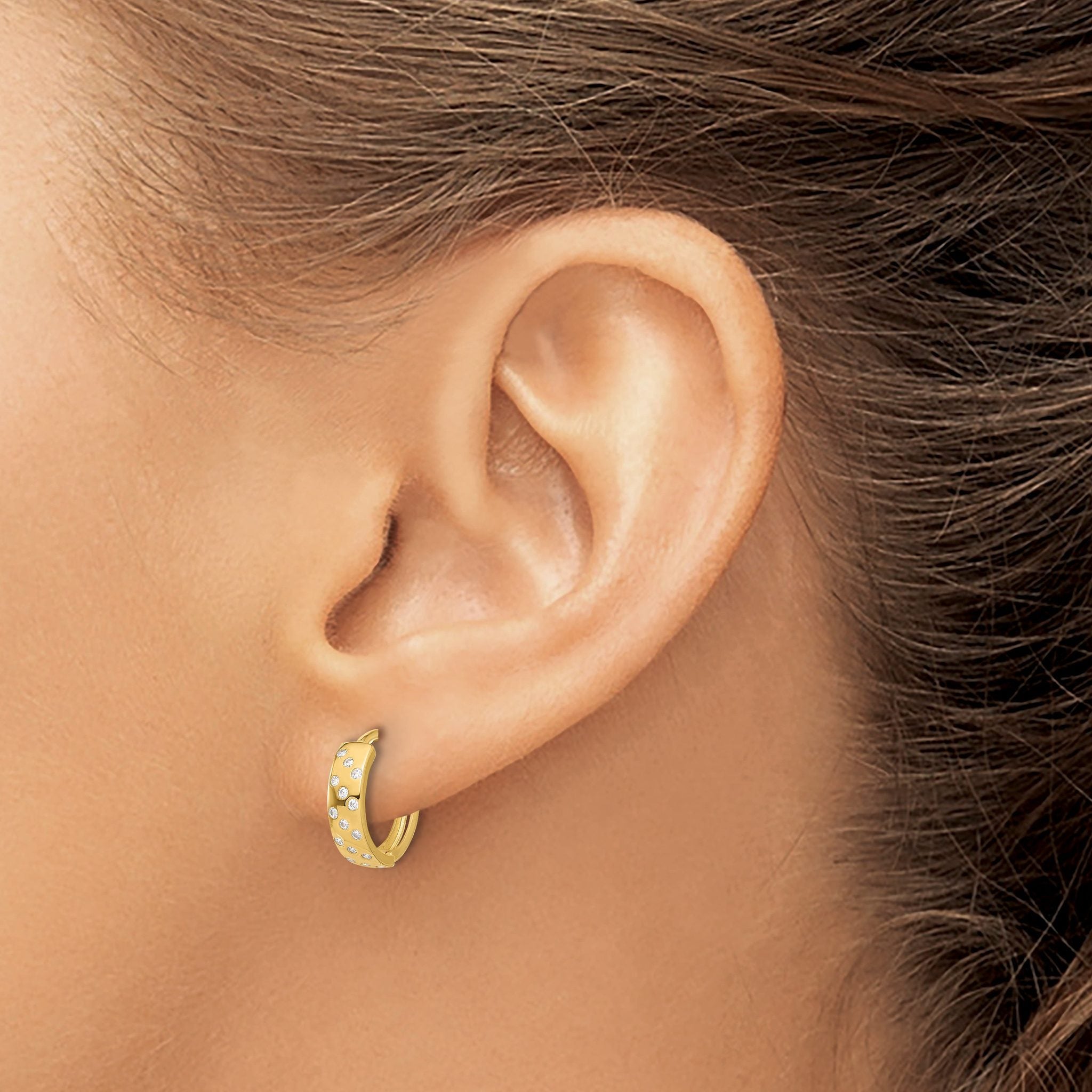 14K Polished CZ Hinged Hoop Earrings