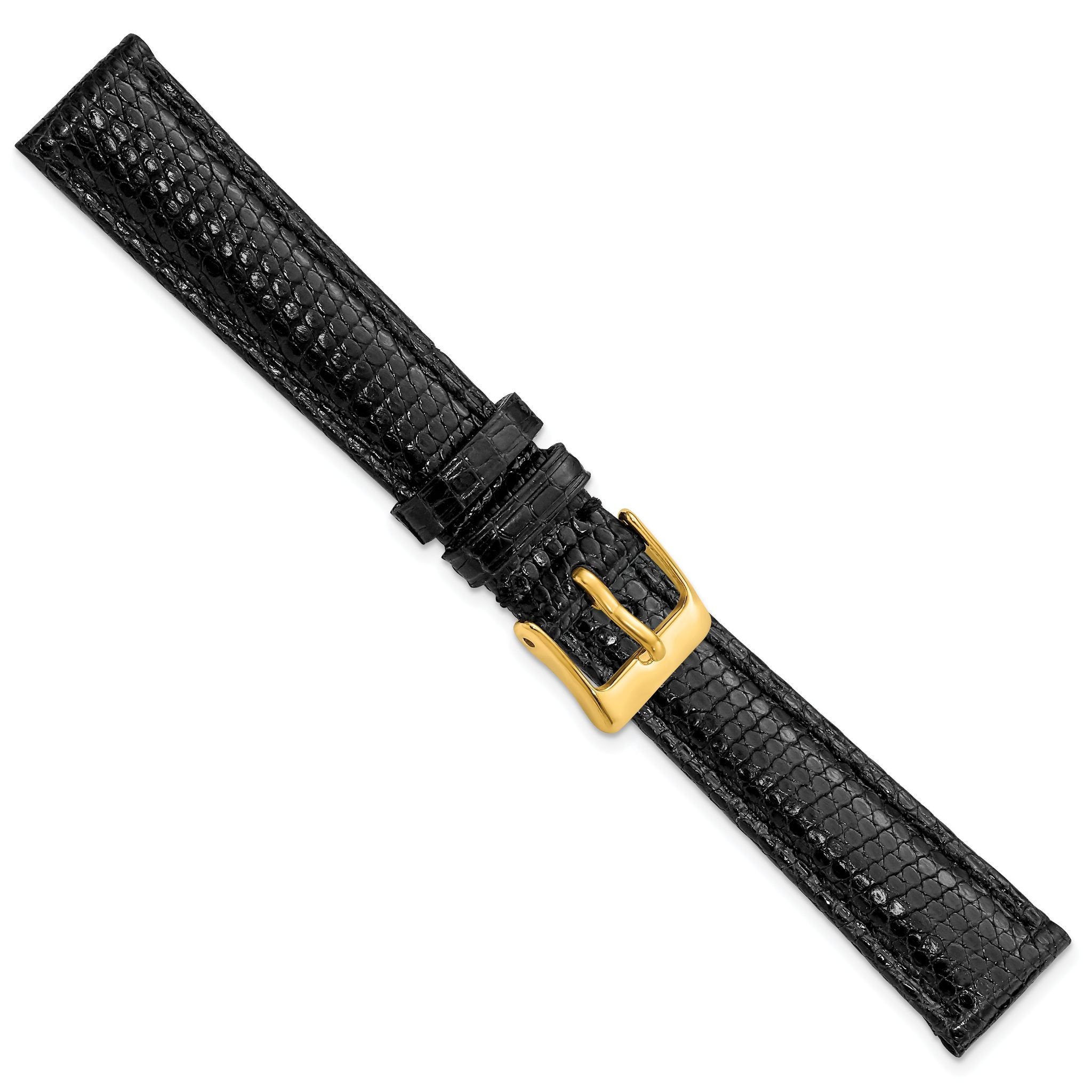 10mm Long Black Genuine Lizard Leather with Gold-tone Buckle 7.75 inch Watch Band