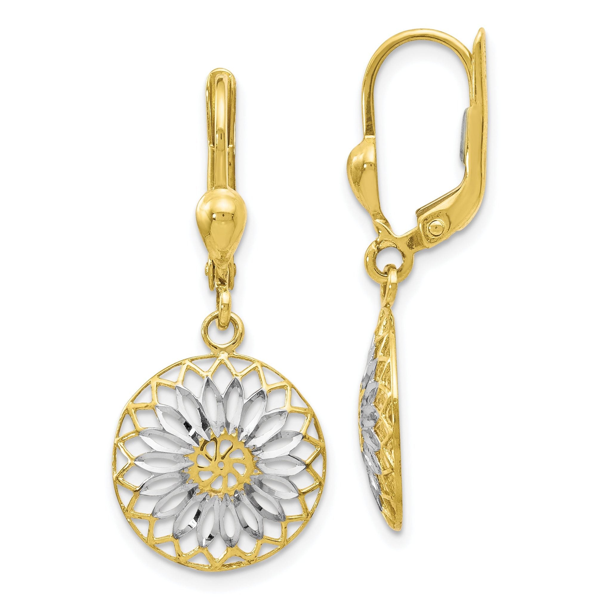 10K Gold Rhodium-Plated Leverback Earrings with Polished Diamond-Cut Design