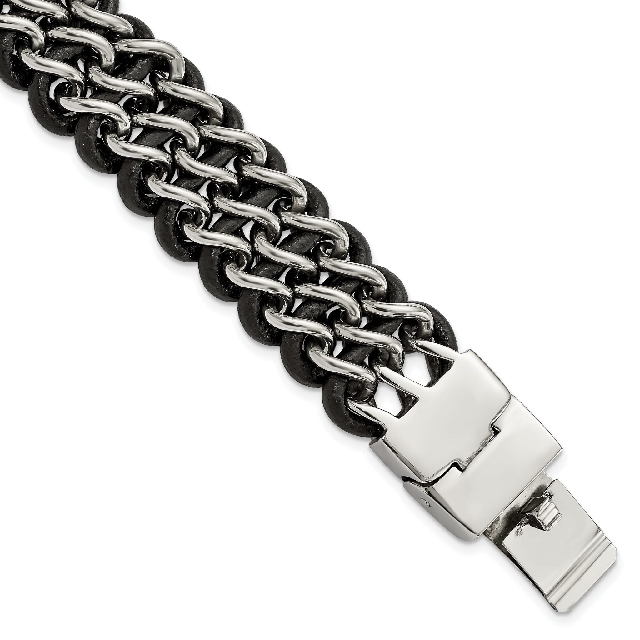 Stainless Steel Polished Black Leather Bracelet for Men Main image