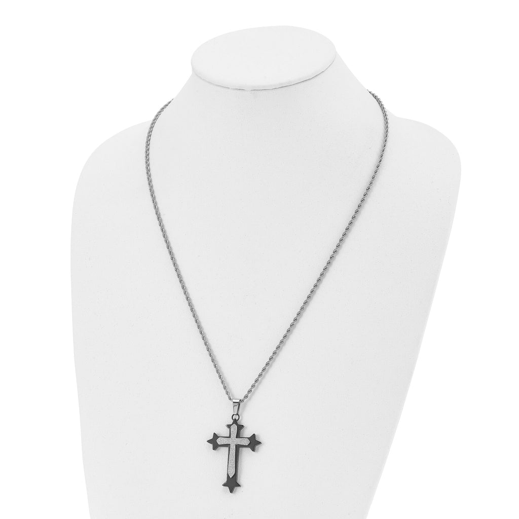Stainless Steel Polished Black IP-plated Laser cut Cross 24in  Necklace