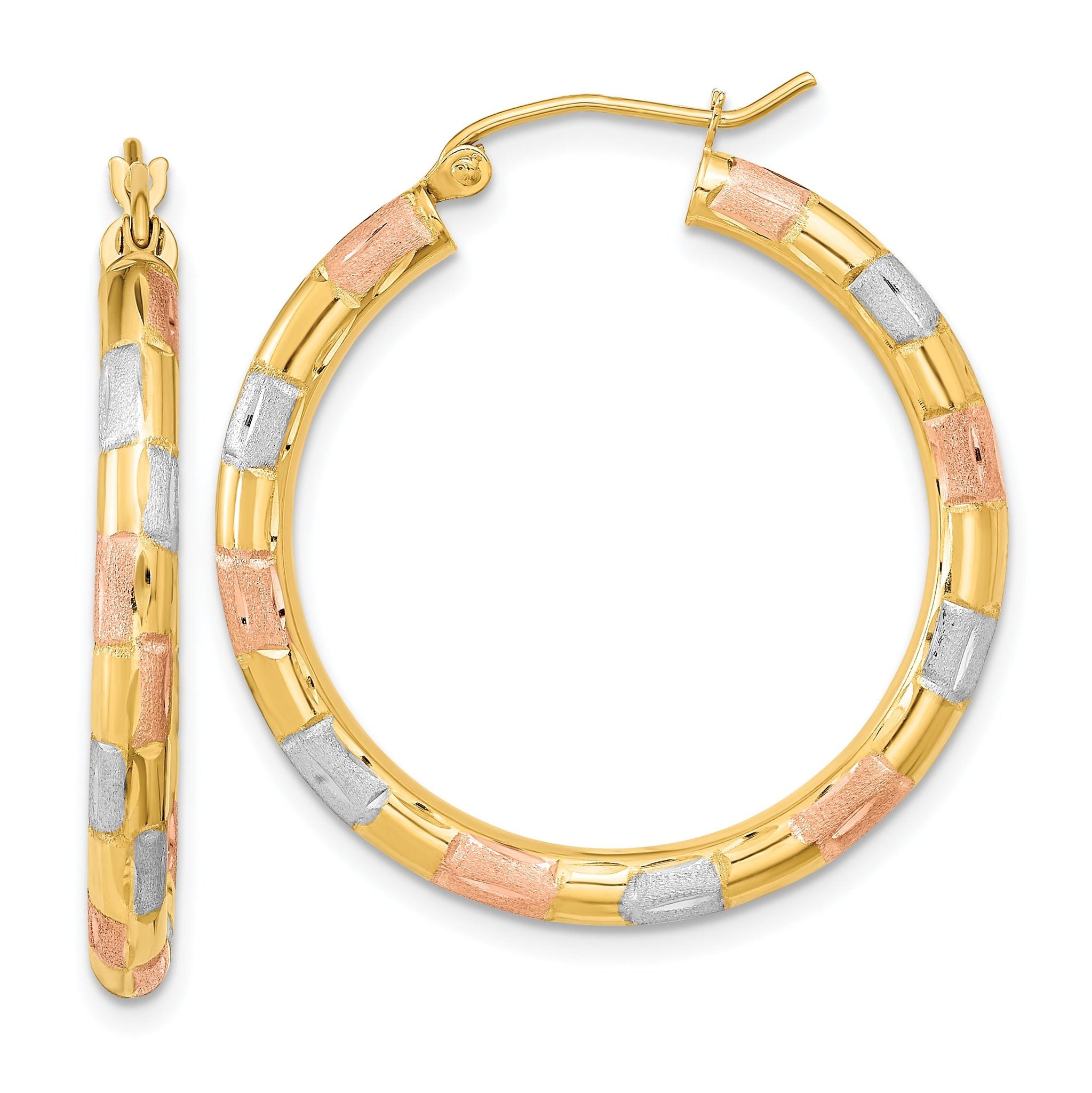 14k w/ White and Rose Rhodium Polished Satin Diamond-cut Hoop Earrings Main image
