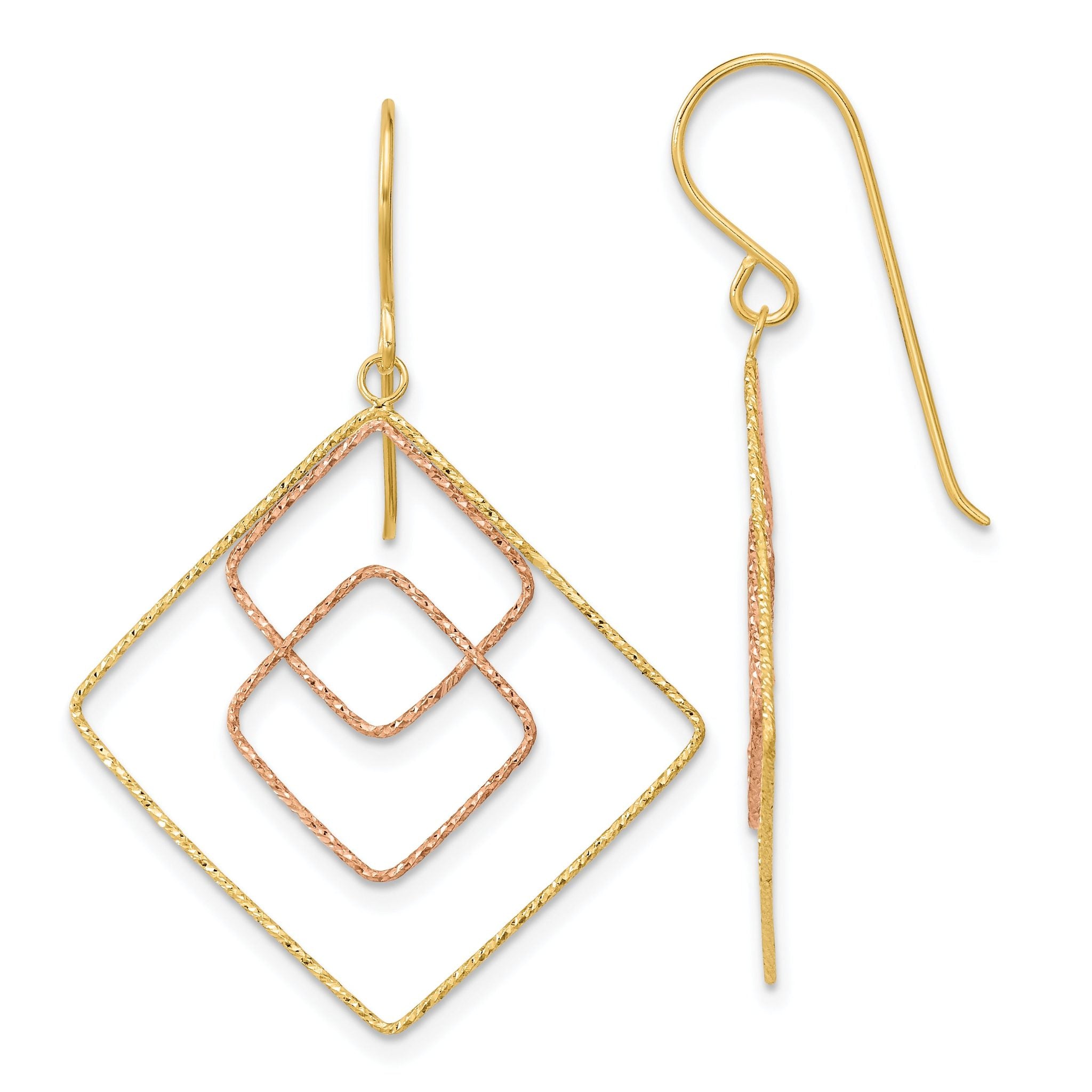 14k Two-tone Diamond-cut Graduated Square Shepherd Hook Earrings Main image