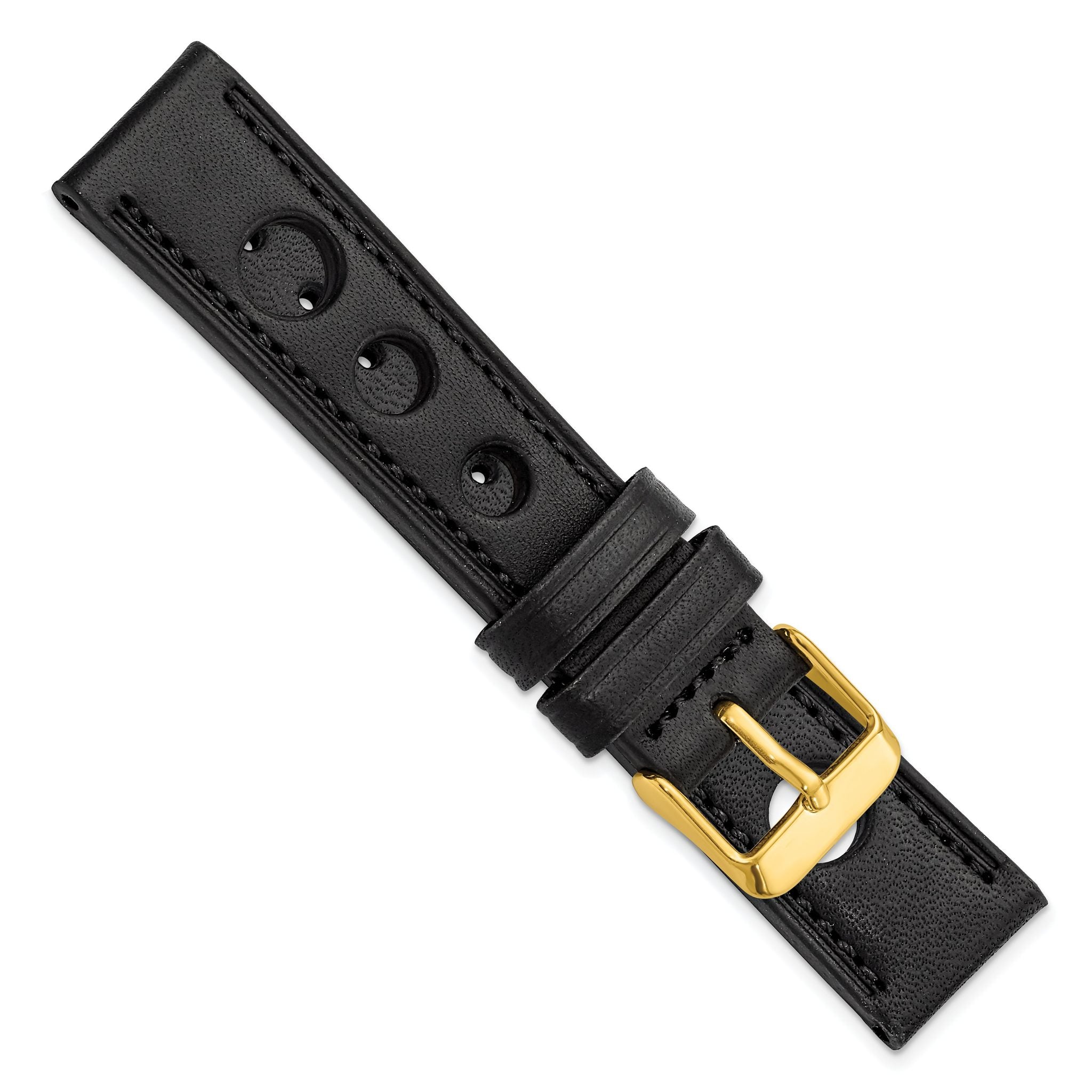 Grand Prix Leather Watch Band in Black with Gold-Tone Buckle, 20mm