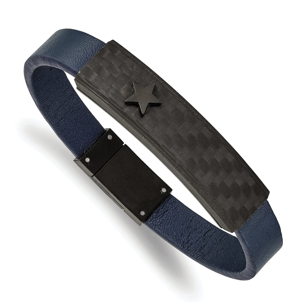 Stainless Steel Polished Black IP Carbon Fiber Blue Faux Leather Bracelet for Men