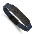 Stainless Steel Polished Black IP Carbon Fiber Blue Faux Leather Bracelet for Men