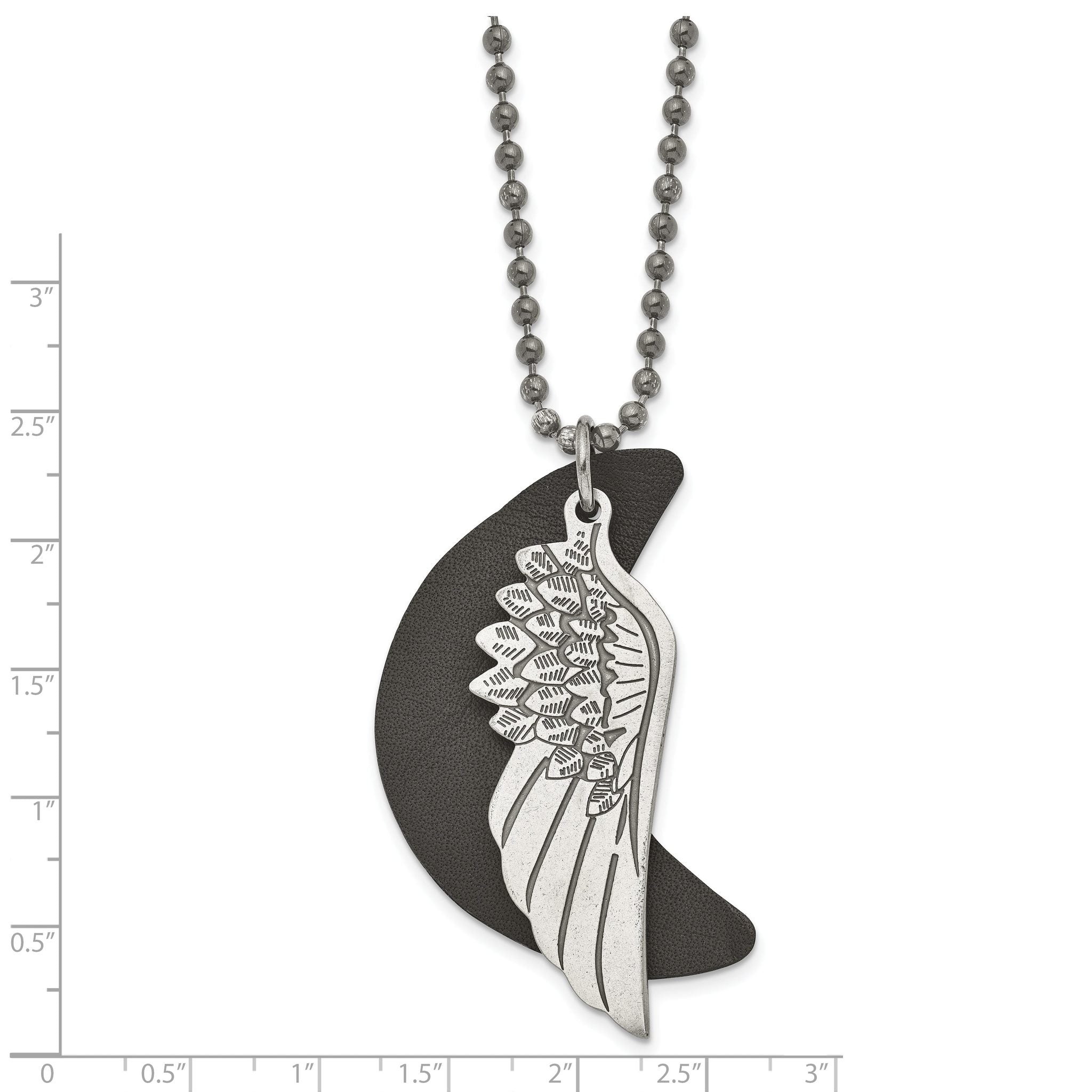 Wing & Moon Pendant Necklace in Stainless Steel with Leather Cord
