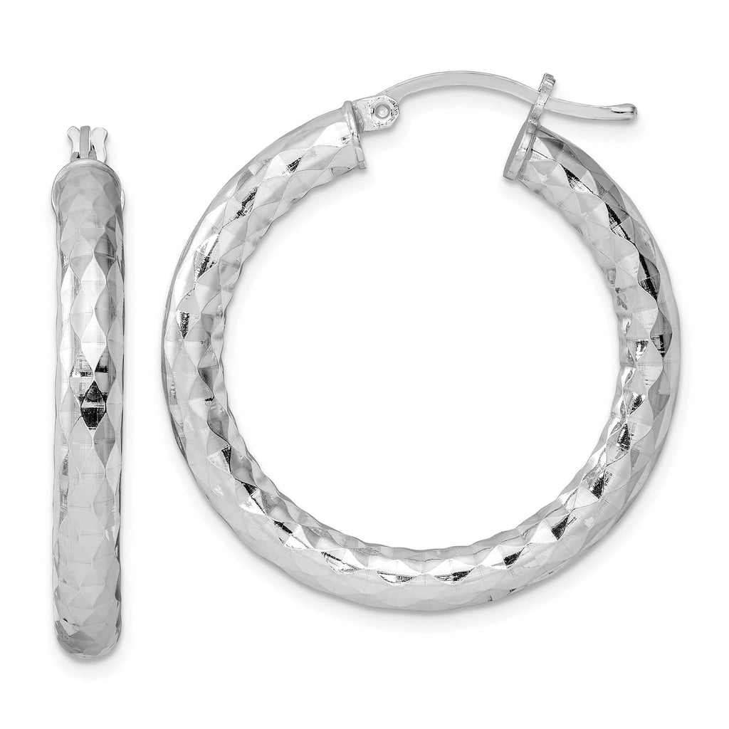 Sterling Silver 925 Rhodium-Plated Textured Hoop Earrings Polished & Hollow, 32mm