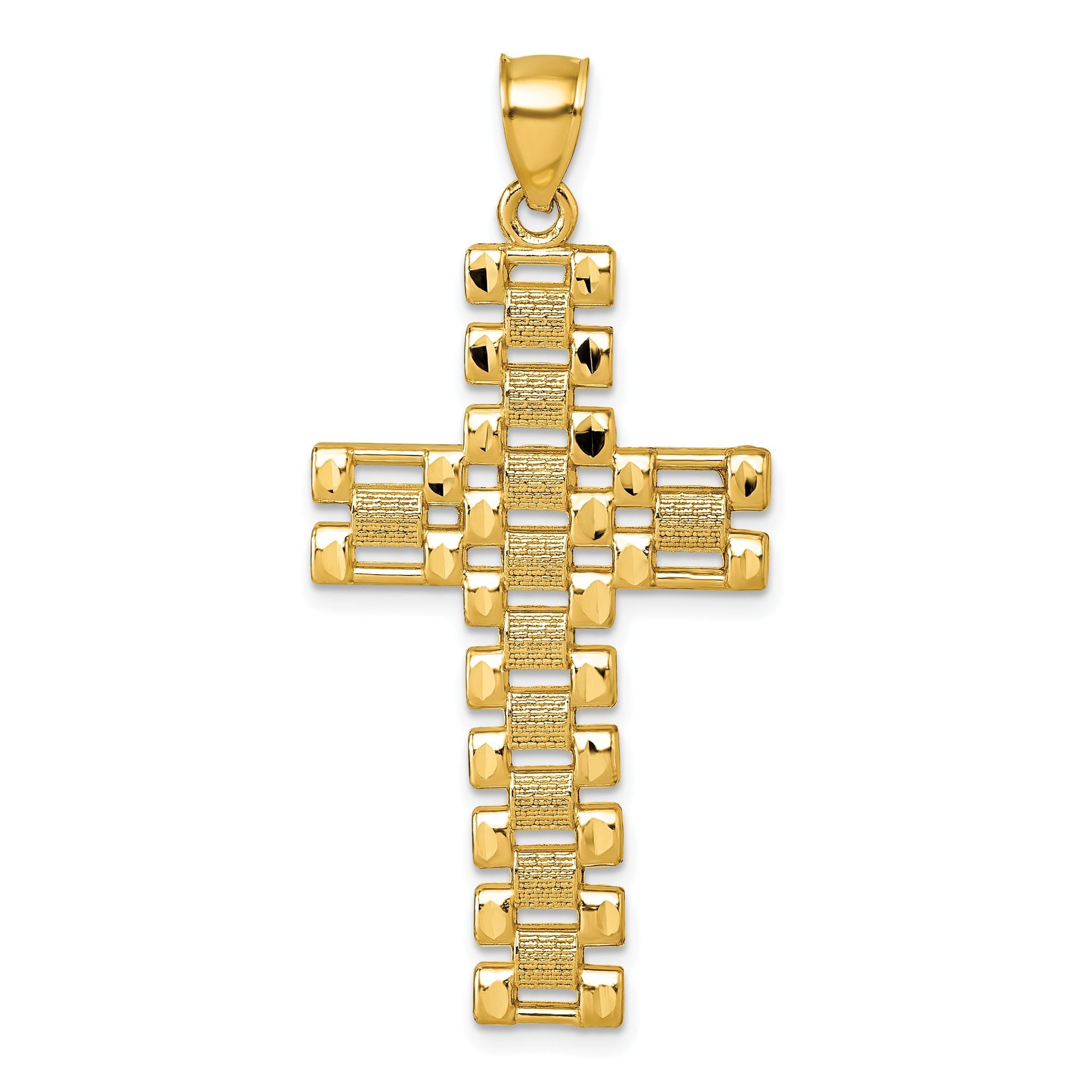 14k Polished Diamond-cut Textured Fancy Link Design Latin Cross Pendant Main image