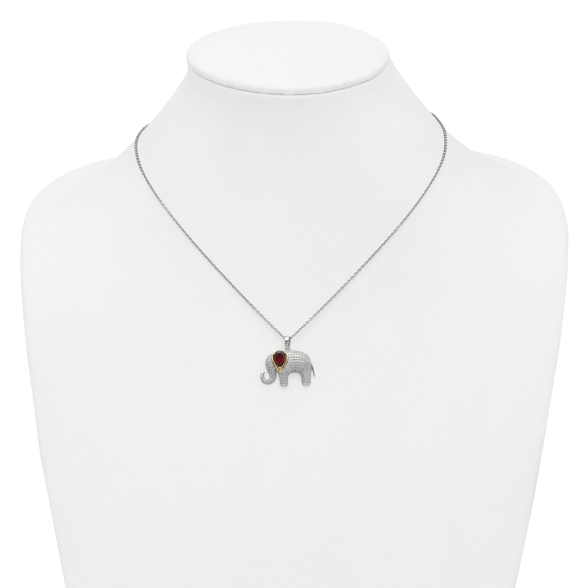 Brilliant Gemstones Sterling Silver with 14K Accent Rhodium-plated Garnet and Diamond Elephant 18 Inch Necklace with 2 Inch Extender