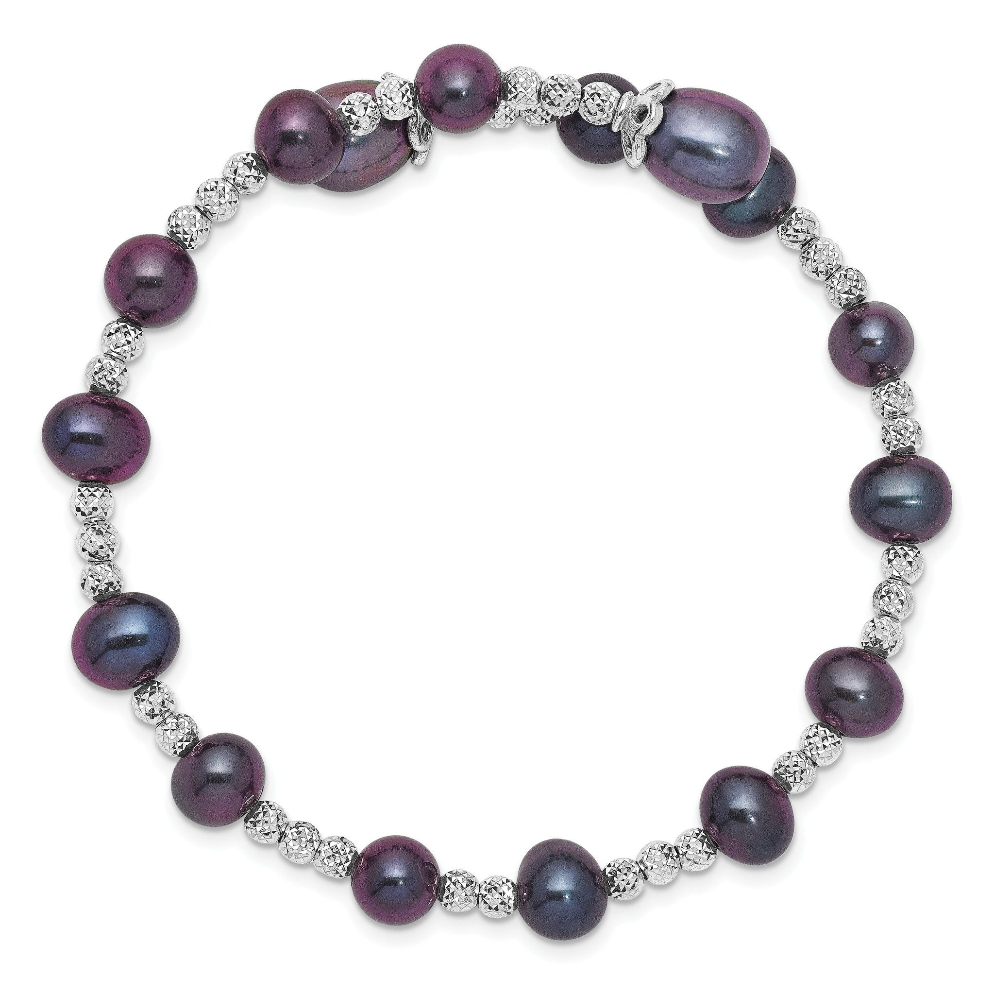 Sterling Silver Rhodium-plated 6-7mm and 8mm Black Teardrop and Near-Round Freshwater Cultured Pearl Wrap Flexible Bangle