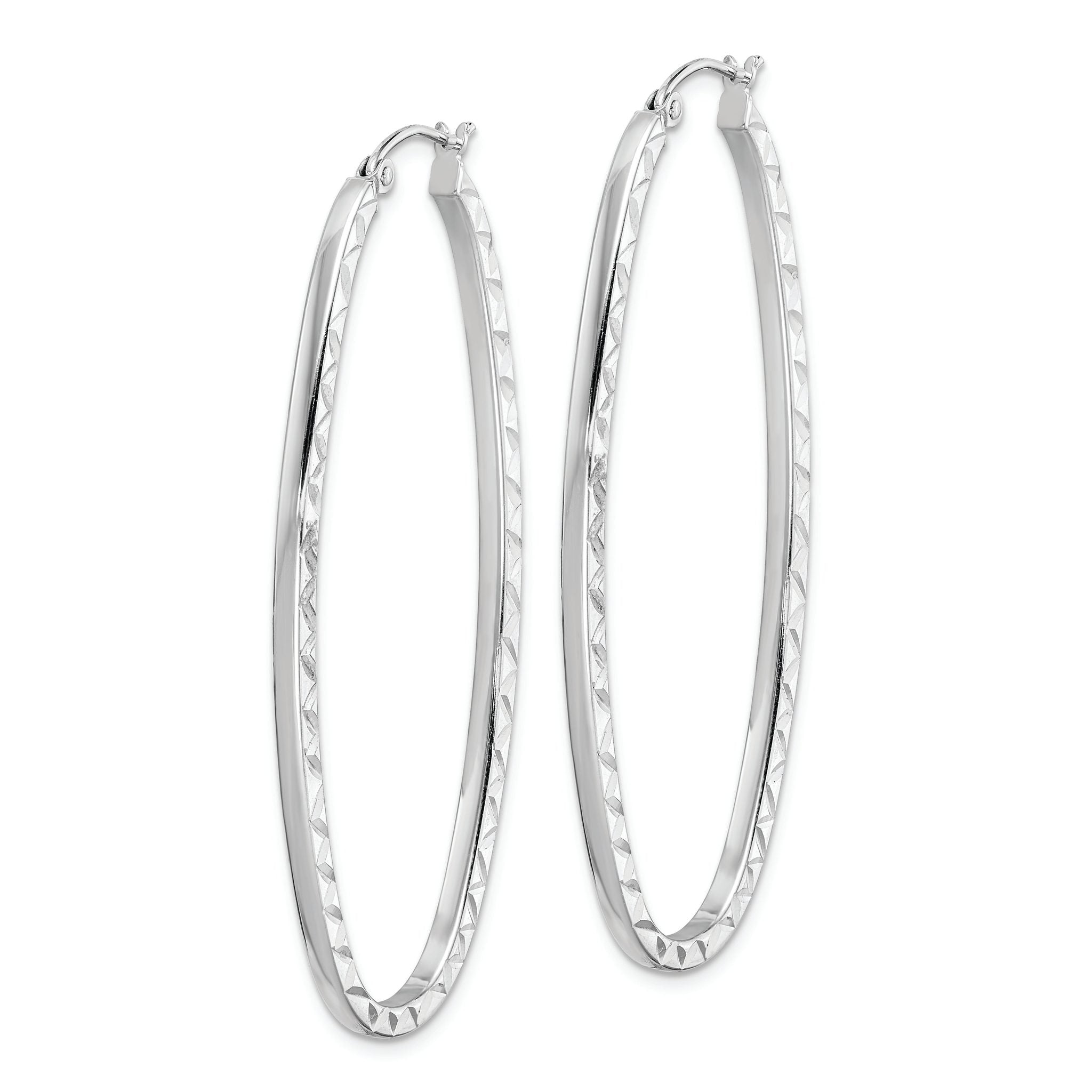 Sterling Silver Rhodium-plated Diamond-cut 2mm Oval Hoop Earrings Secondary image