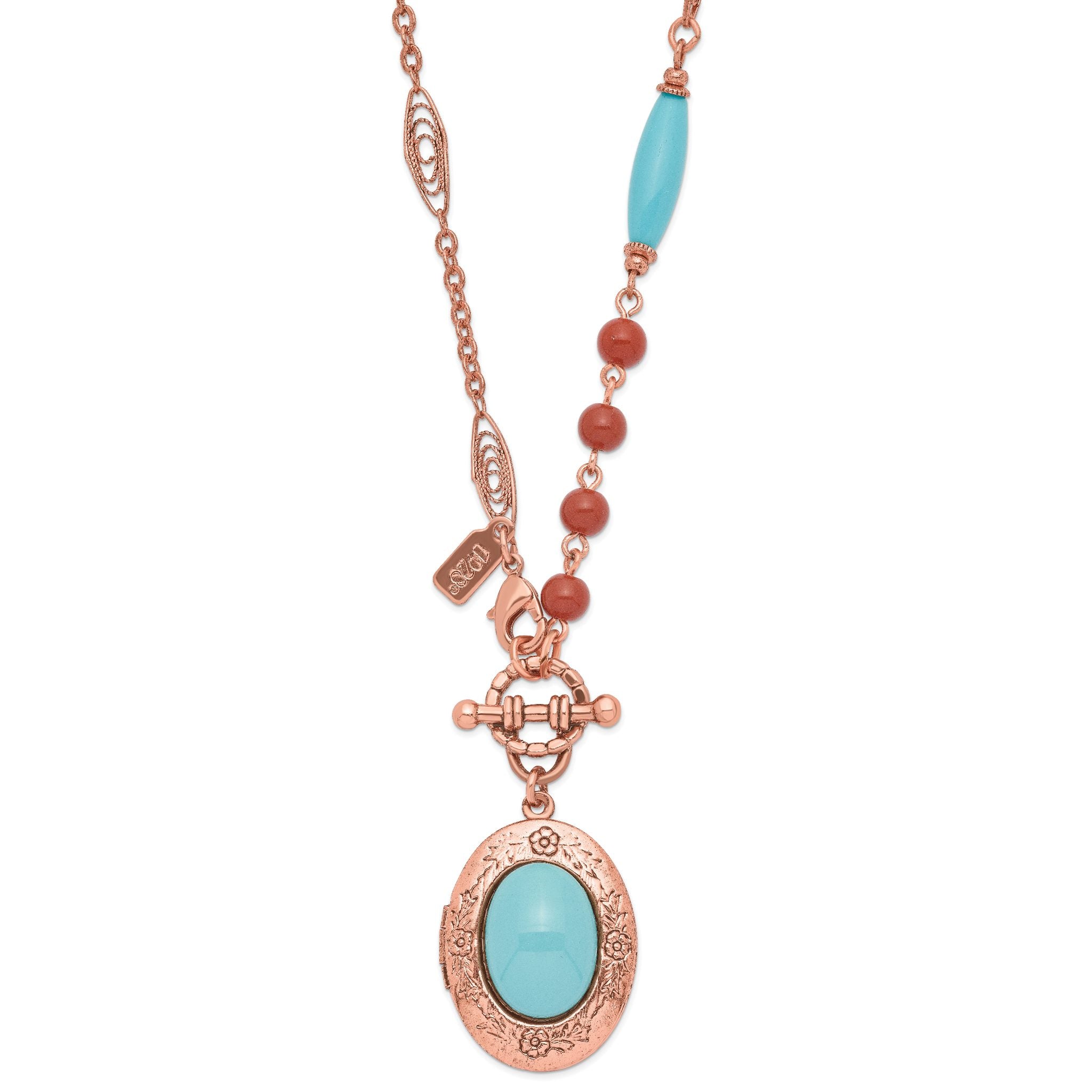 1928 Jewelry Copper-tone Aqua Blue and Brown Acrylic Beads Floral Frame with Aqua Center Locket Necklace Holds 2 Photos Main image