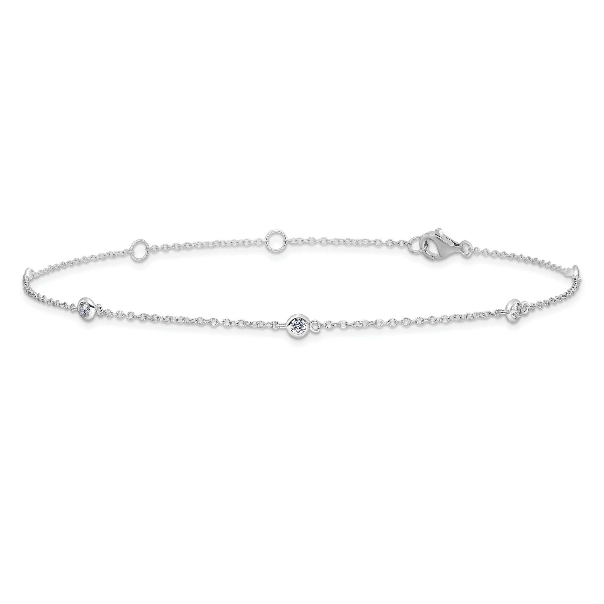 Sterling Silver Rhodium-plated Bezel CZ 5-Station 9 inch Plus 2 inch Extender  - Total 11 inch Anklet