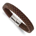 Stainless Steel Polished Brown Braided Leather Bracelet for Men