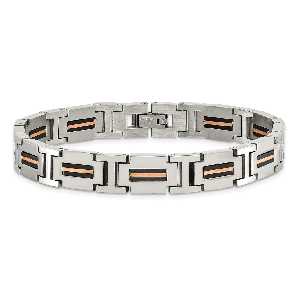 Stainless Steel Polished Black and Rose IP-plated Link Bracelet for Men